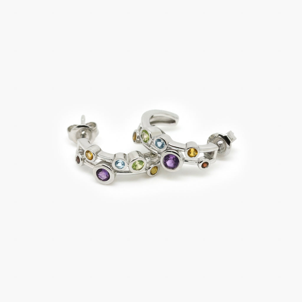 Silver Multi-Gemstone Hoop Earrings
