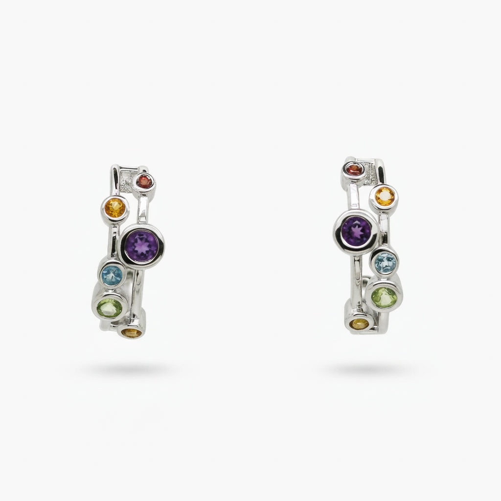 Silver Multi-Gemstone Hoop Earrings