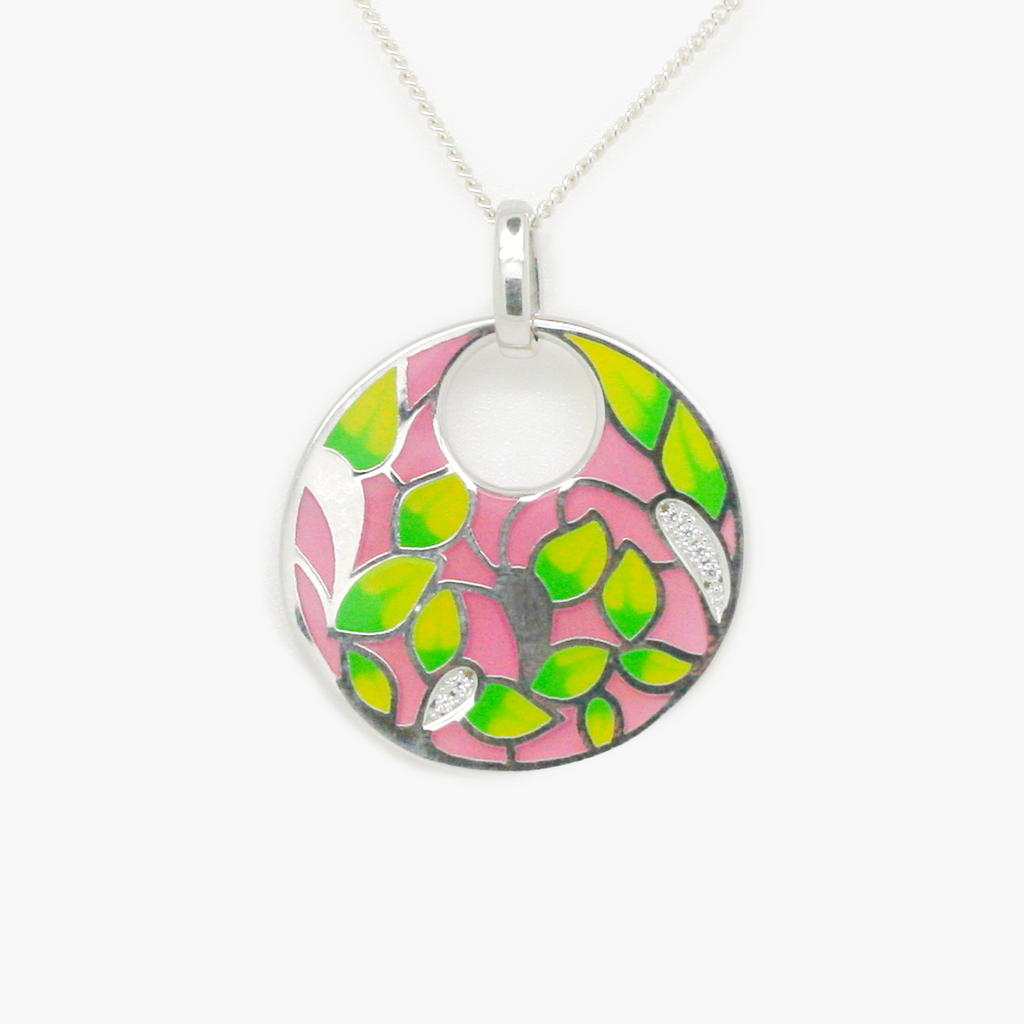 pink green enamel and silver necklace 