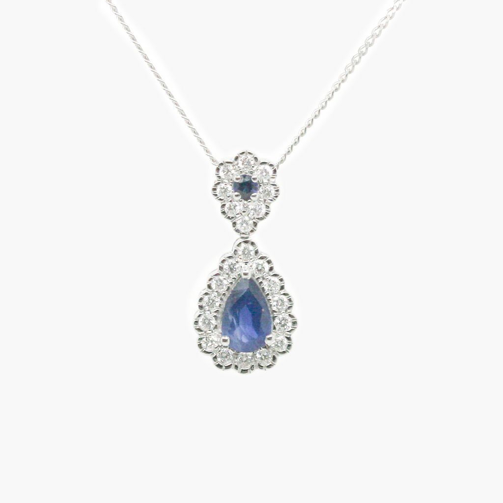 18 Carat White Gold Blue Sapphire & Diamond Cluster Drop Pendant Necklace