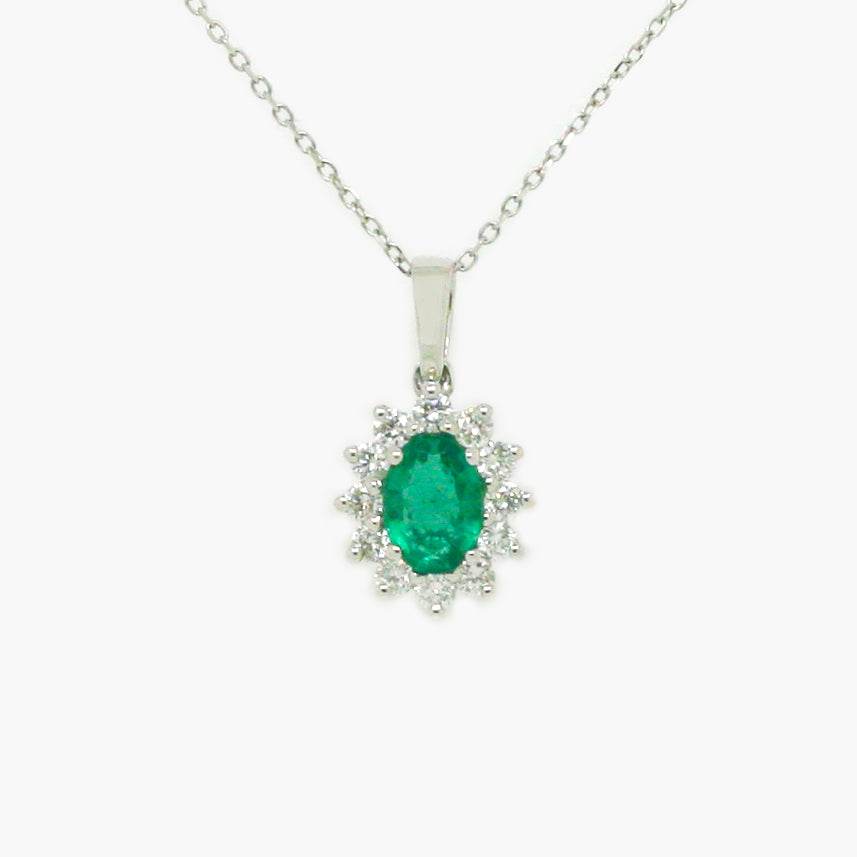 NEW 18 Carat White Gold Emerald & Diamond Pendant Necklace - Jordans Jewellers