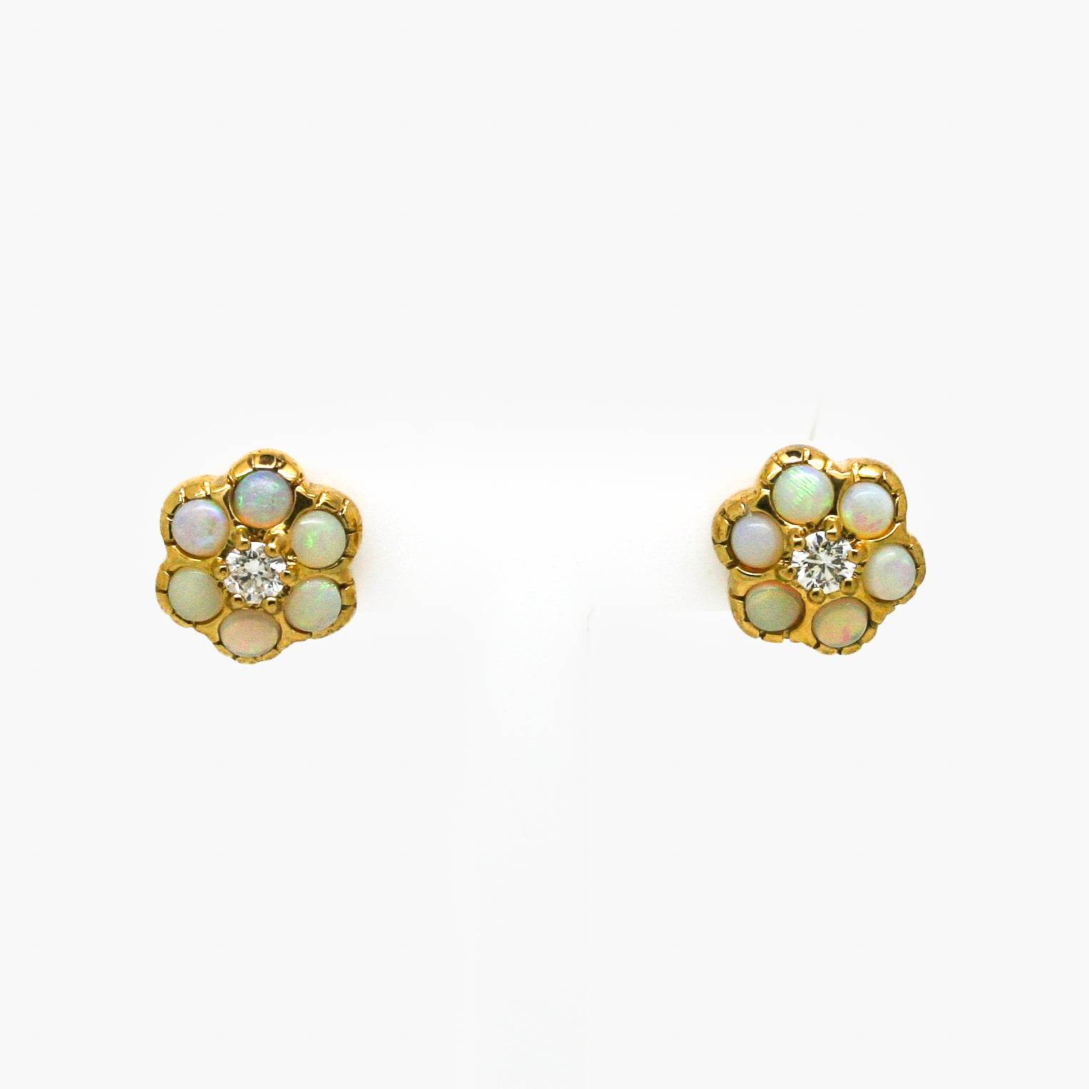 9ct Yellow Gold Opal and Diamond Flower Stud Earrings