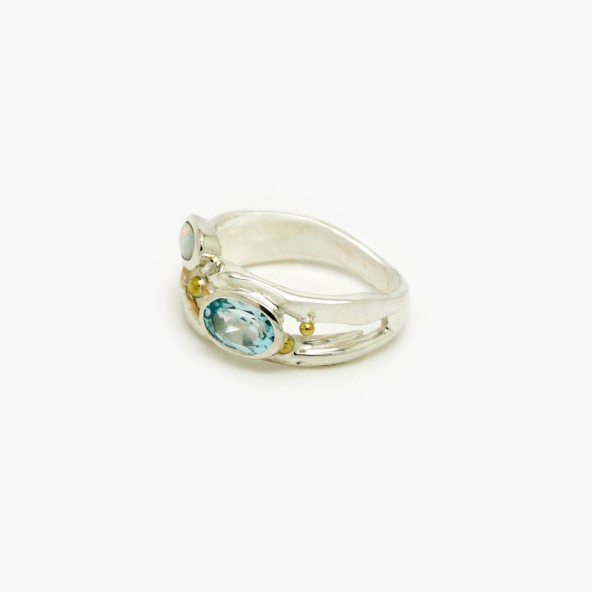 Silver Opal and Blue Topaz Ring with Gold Accents - Jordans Jewellers