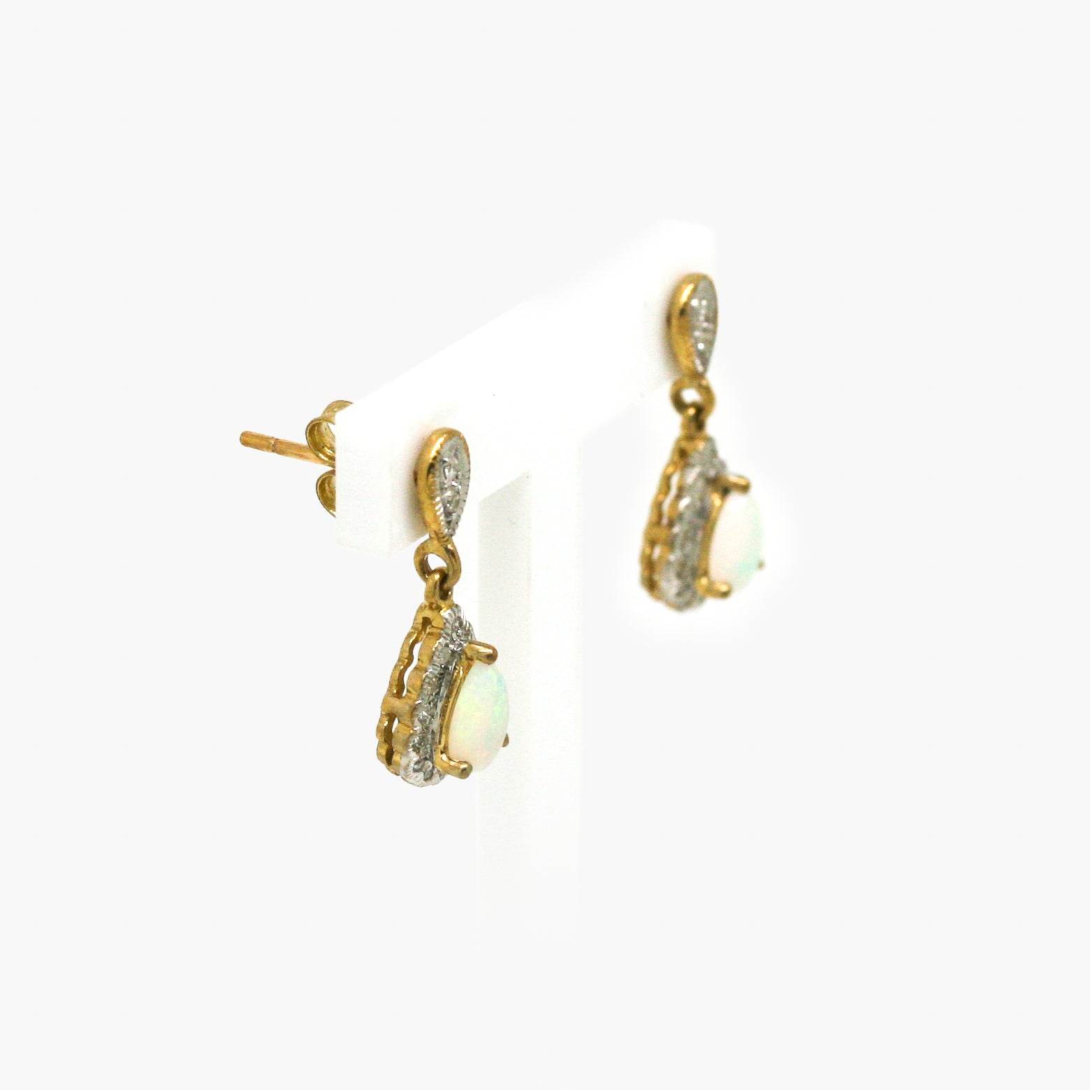 9ct Yellow Gold Opal and Diamond Teardrop Drop Earrings