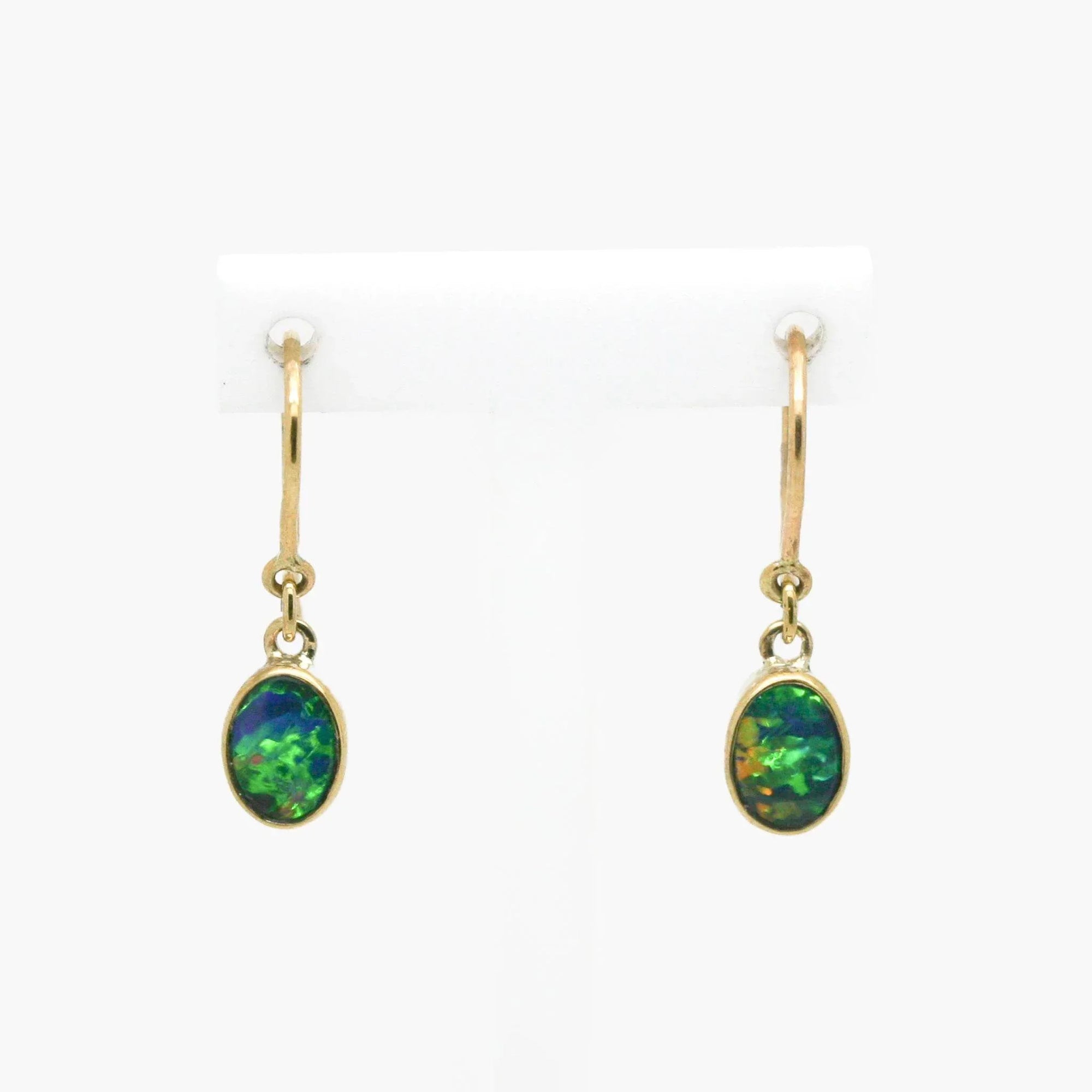 Oval Shaped Opal Doublet Drop Earrings in 9ct Yellow Gold - Jordans Jewellers