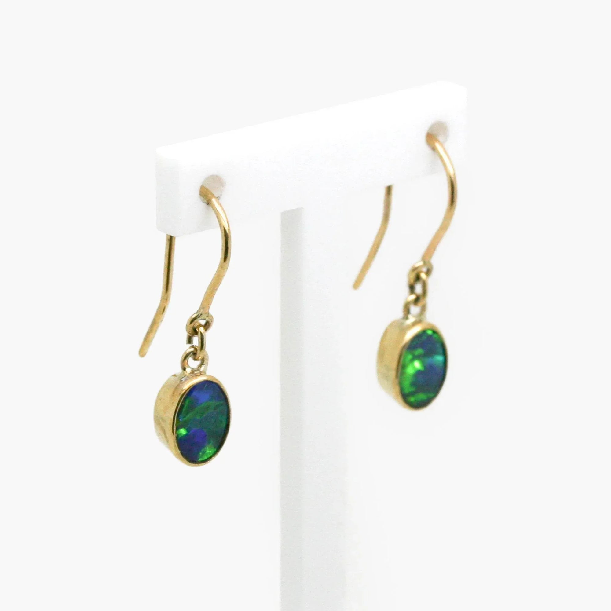 Oval Shaped Opal Doublet Drop Earrings in 9ct Yellow Gold - Jordans Jewellers