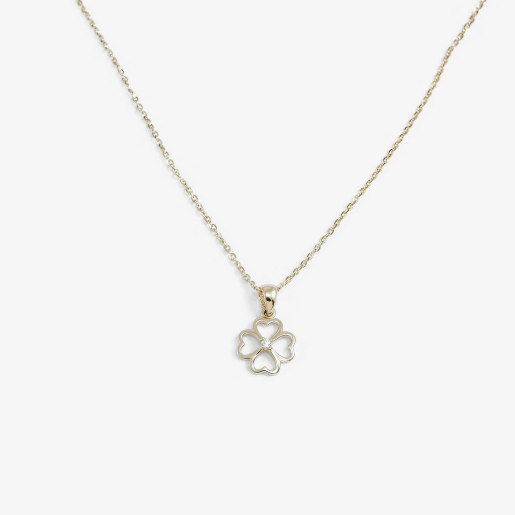 9ct Gold CZ Heart Clover Pendant Necklace