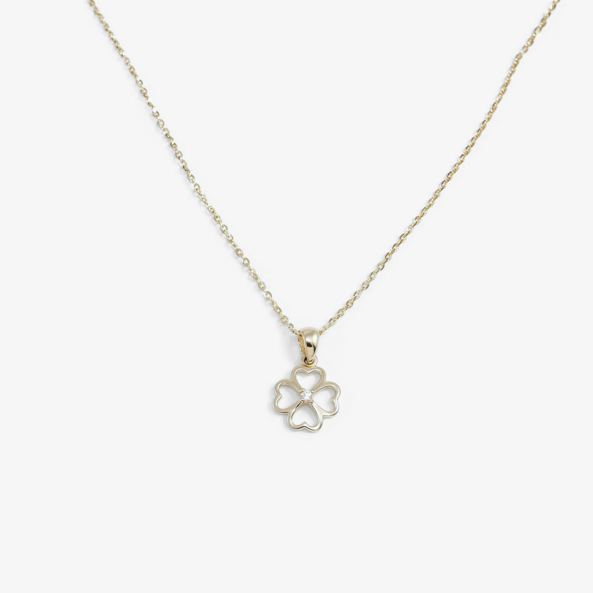 9ct Gold CZ Heart Clover Pendant Necklace
