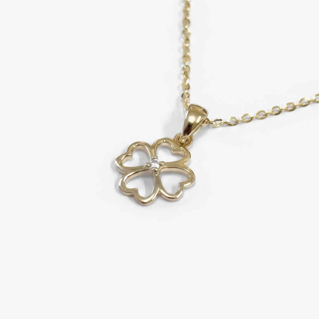 9ct Gold CZ Heart Clover Pendant Necklace