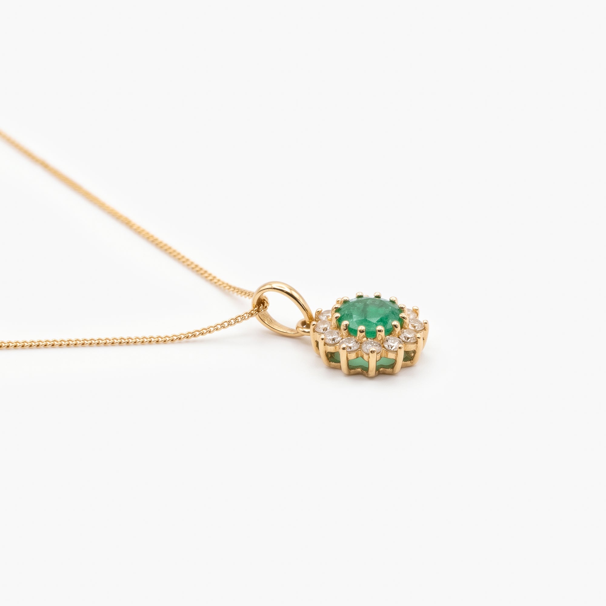 9ct Yellow Gold Emerald & CZ Cluster Pendant Necklace