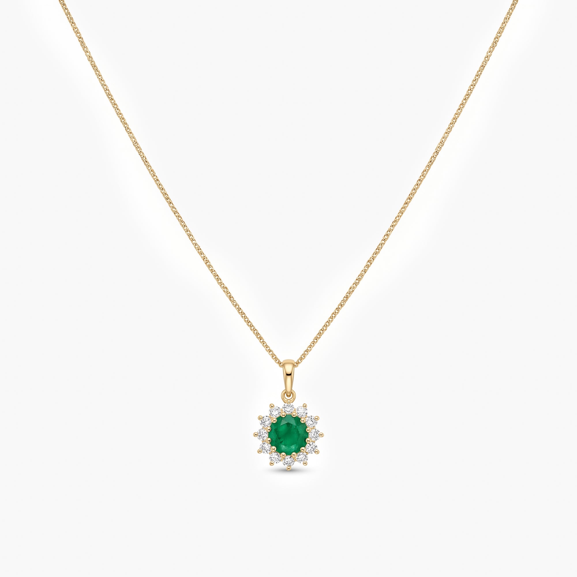 9ct Yellow Gold Emerald & CZ Cluster Pendant Necklace
