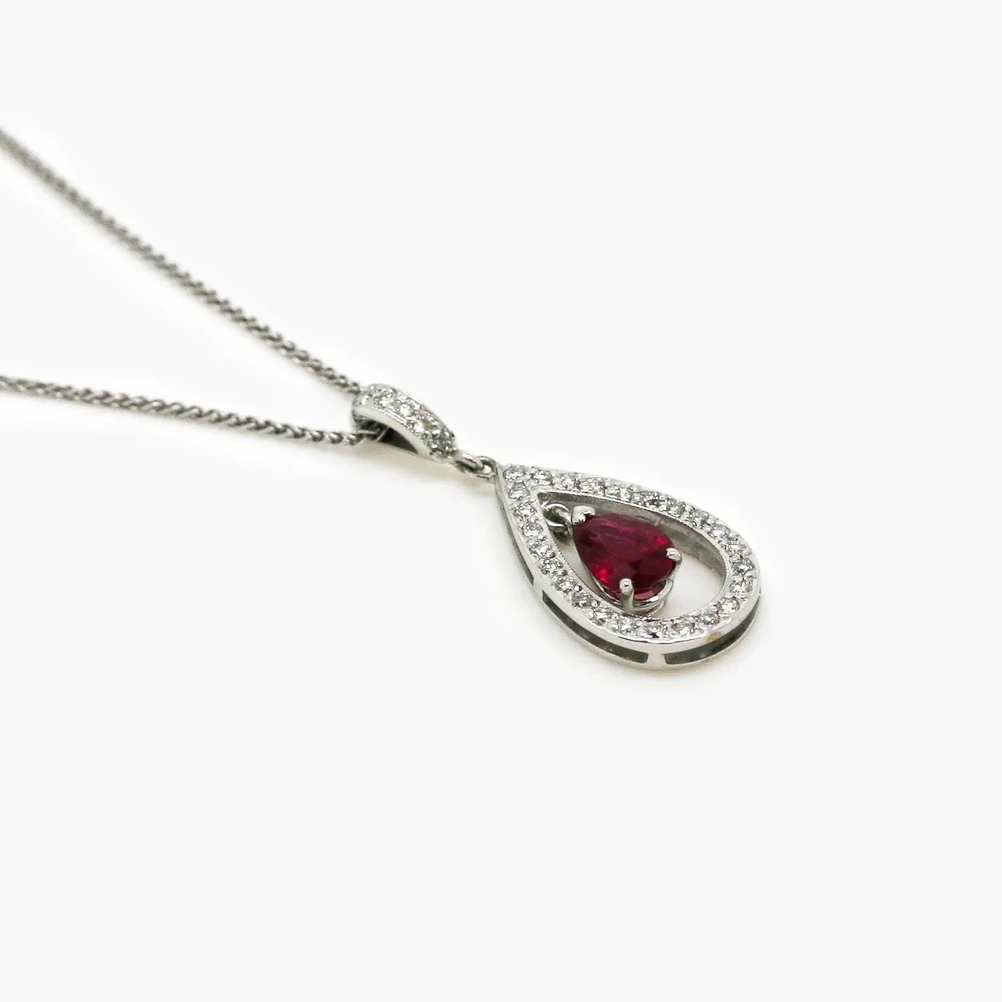 18ct White Gold Ruby & Diamond Pear Pendant - Jordans Jewellers