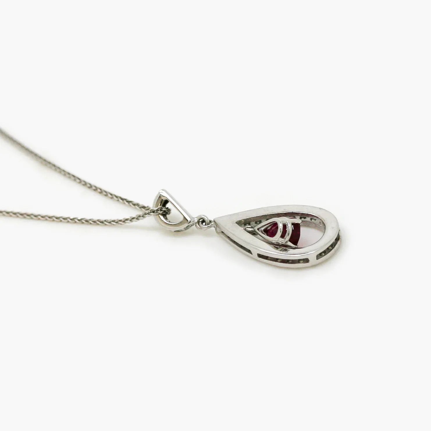 18ct White Gold Ruby & Diamond Pear Pendant - Jordans Jewellers