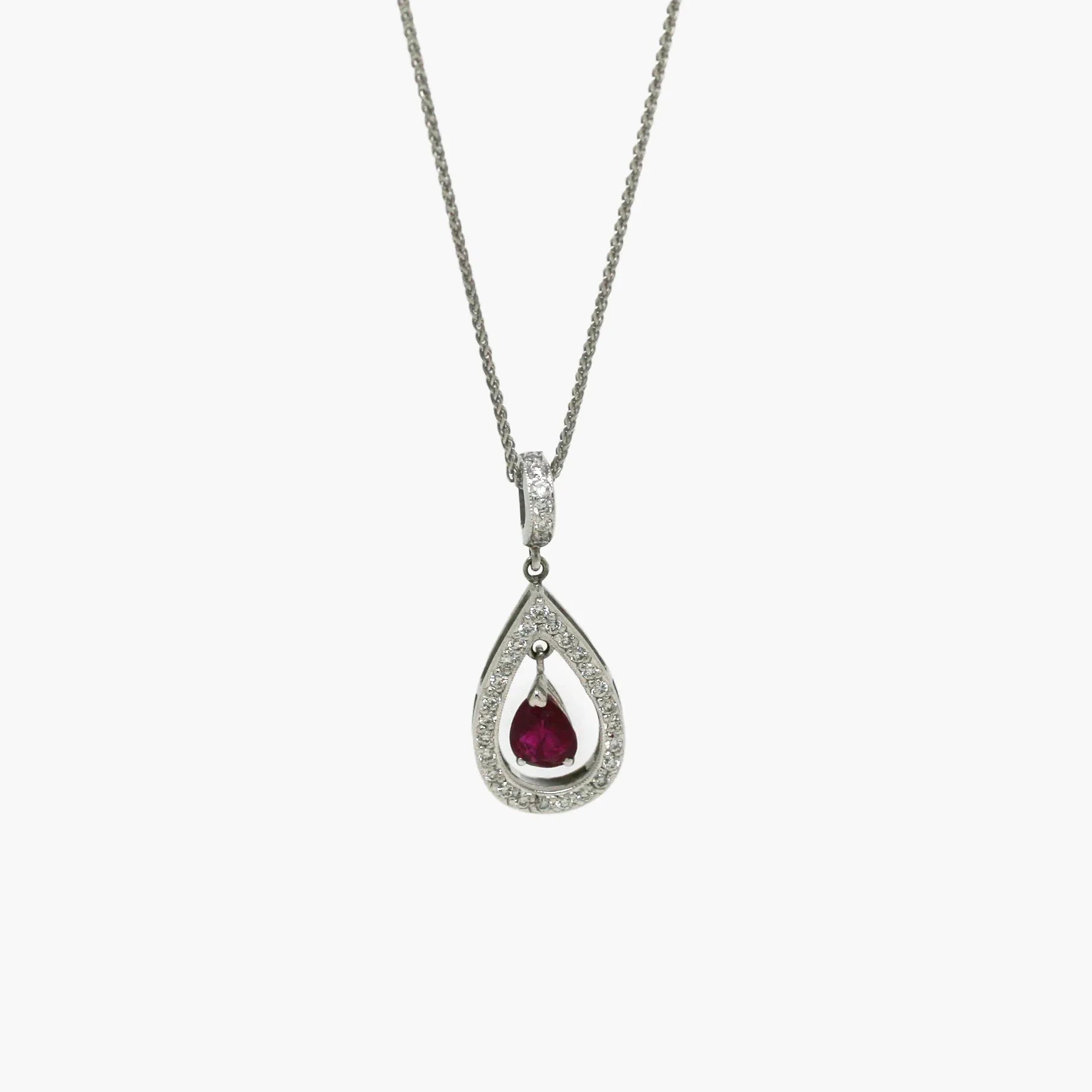 18ct White Gold Ruby & Diamond Pear Pendant - Jordans Jewellers