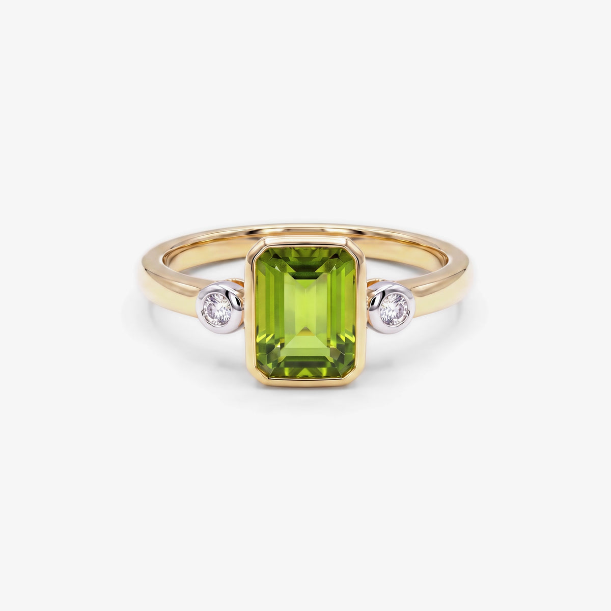 9ct Yellow Gold Emerald Cut Peridot and Diamond Ring front view