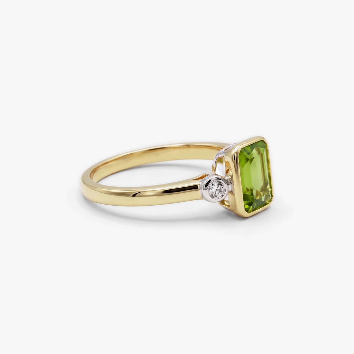 9ct Yellow Gold Emerald Cut Peridot and Diamond Ring side view