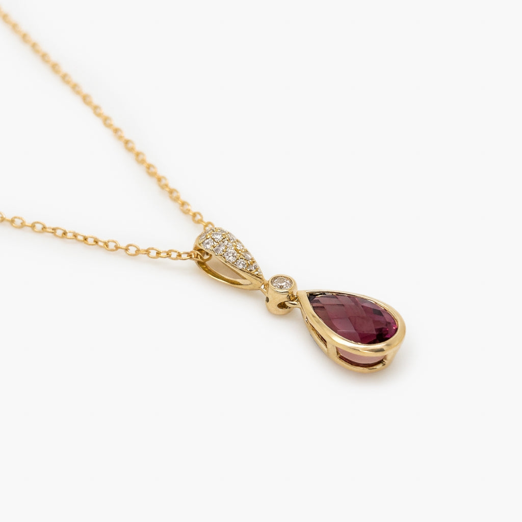 9ct Yellow Gold Rhodolite Garnet & Diamond Pear Drop Pendant Necklace