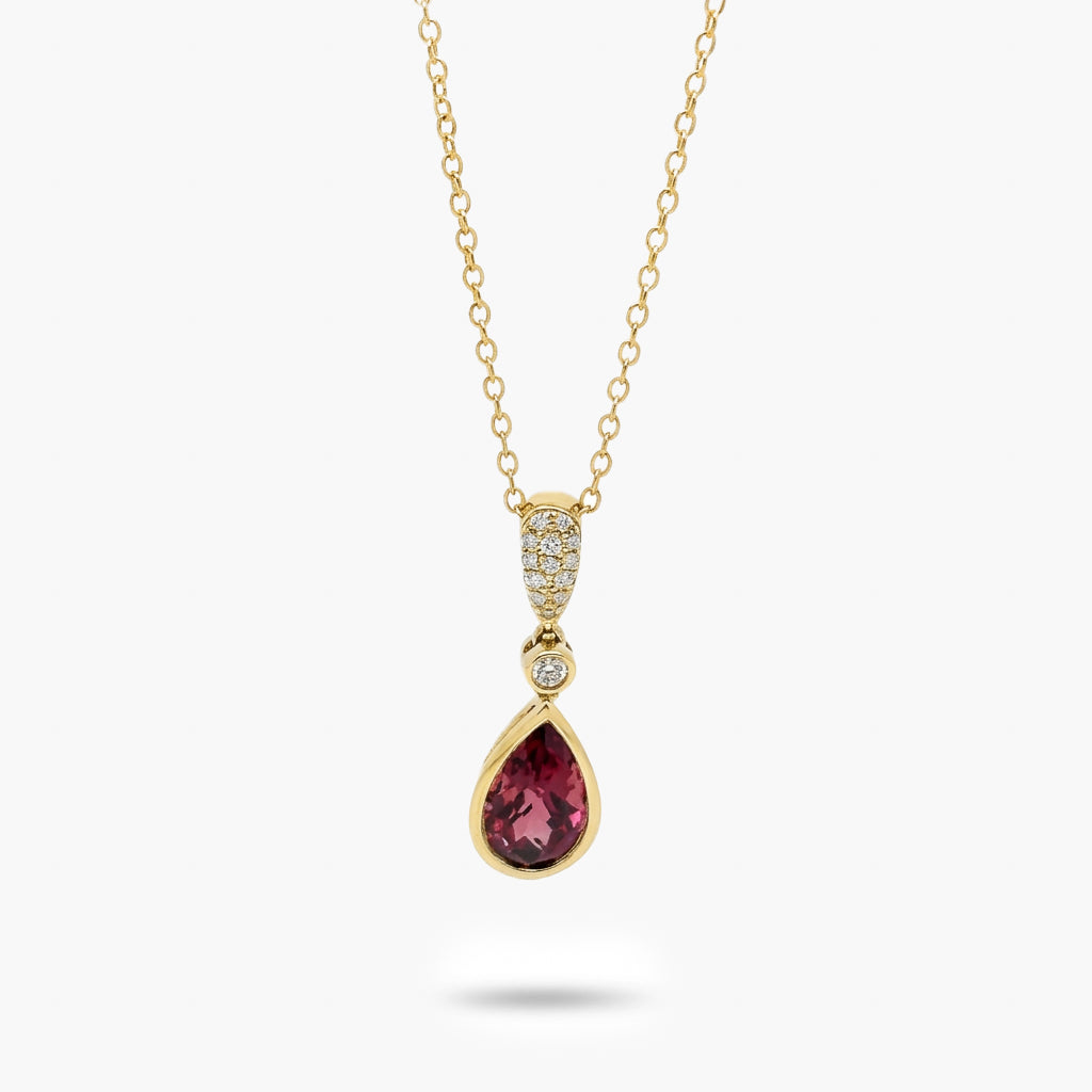 9ct Yellow Gold Rhodolite Garnet & Diamond Pear Drop Pendant Necklace