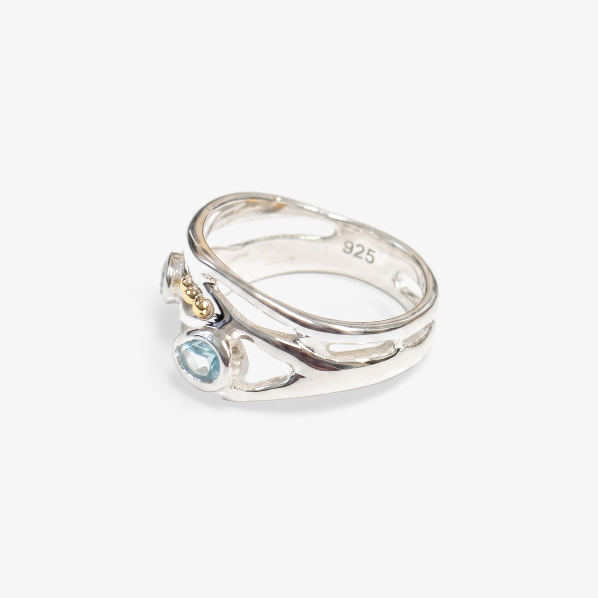 Silver & 14ct Gold Blue Topaz & White Topaz Ring - side view