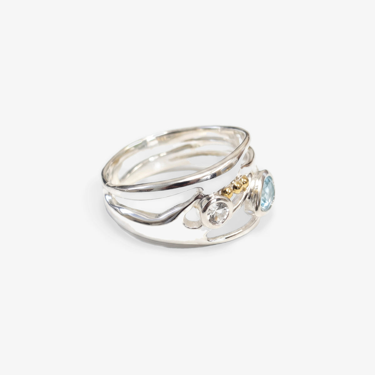 Silver & 14ct Gold Blue Topaz & White Topaz Ring - detail view