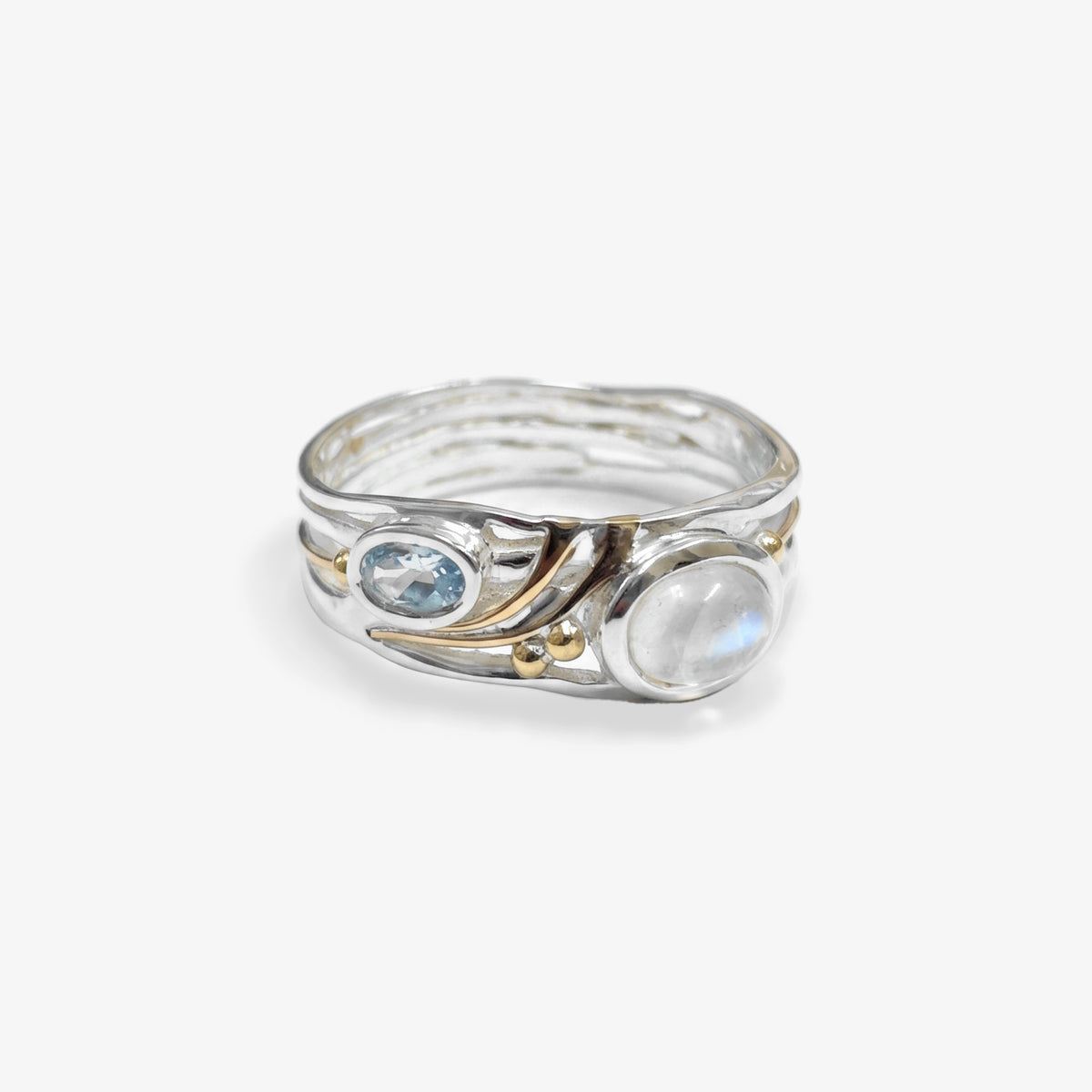 Silver & 14ct Gold Blue Topaz & Moonstone Ring - front view
