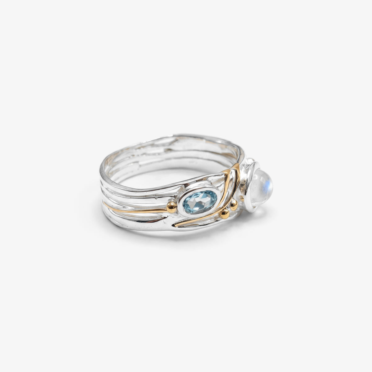 Silver & 14ct Gold Blue Topaz & Moonstone Ring - side view