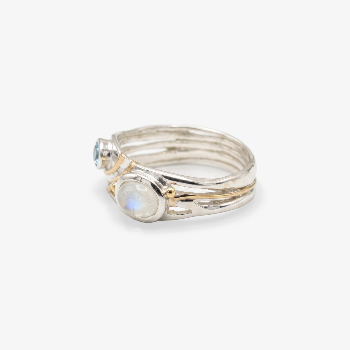 Silver & 14ct Gold Blue Topaz & Moonstone Ring - detail view