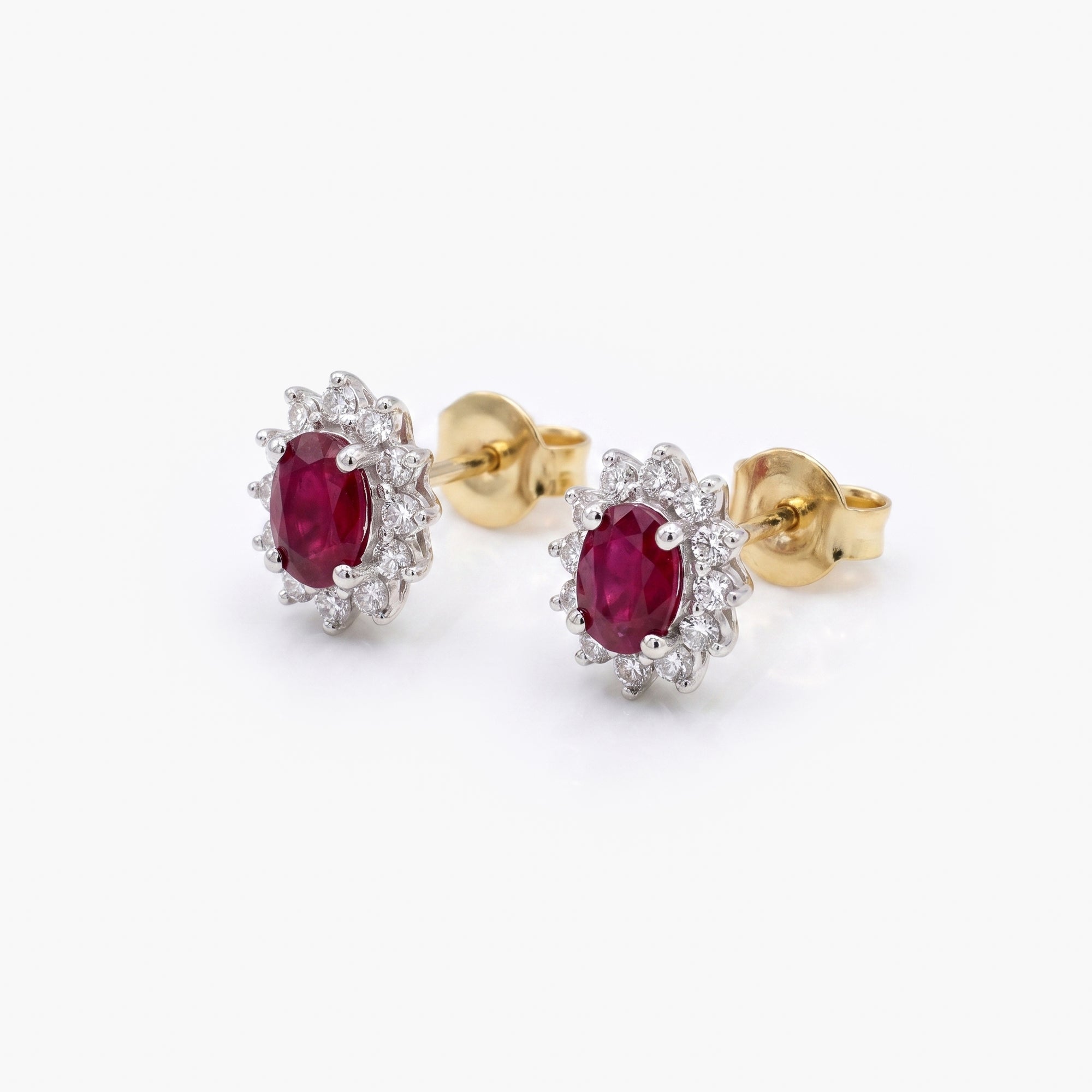 9ct Yellow Gold Ruby & Diamond Oval Cluster Stud Earrings