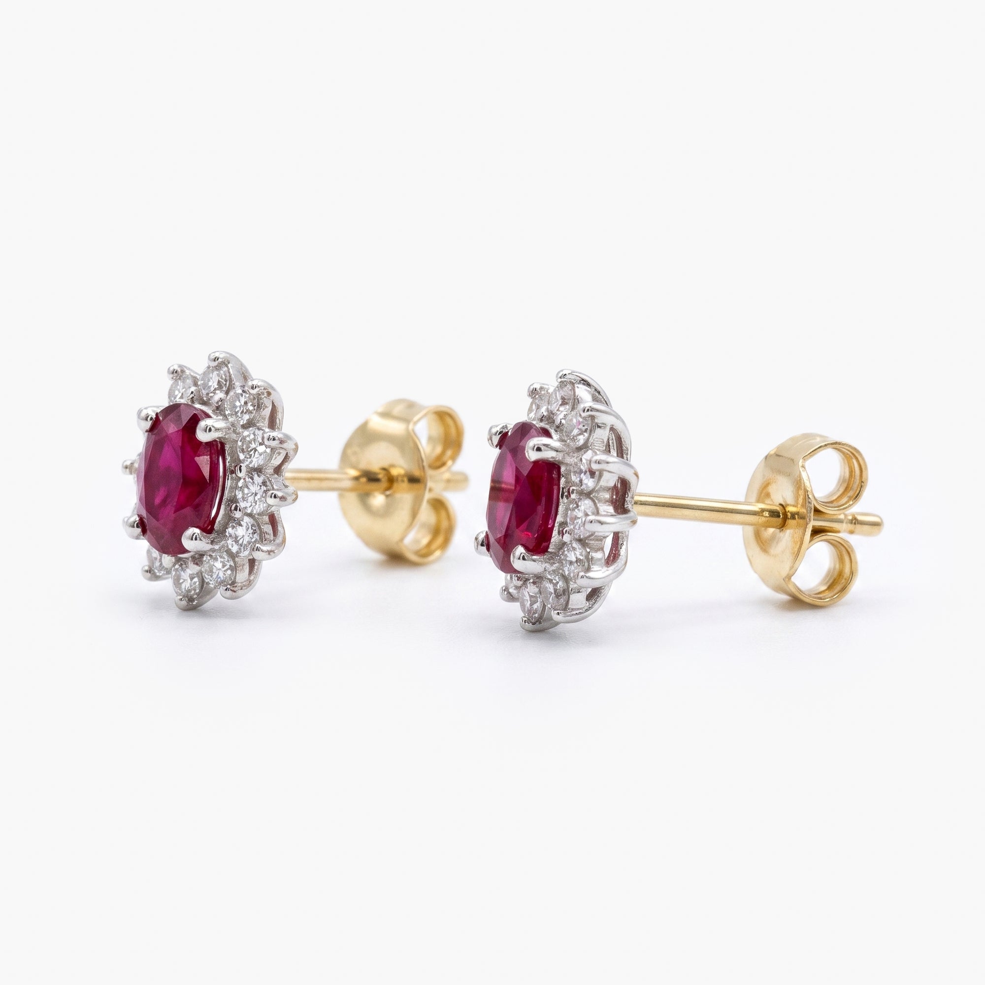 9ct Yellow Gold Ruby & Diamond Oval Cluster Stud Earrings