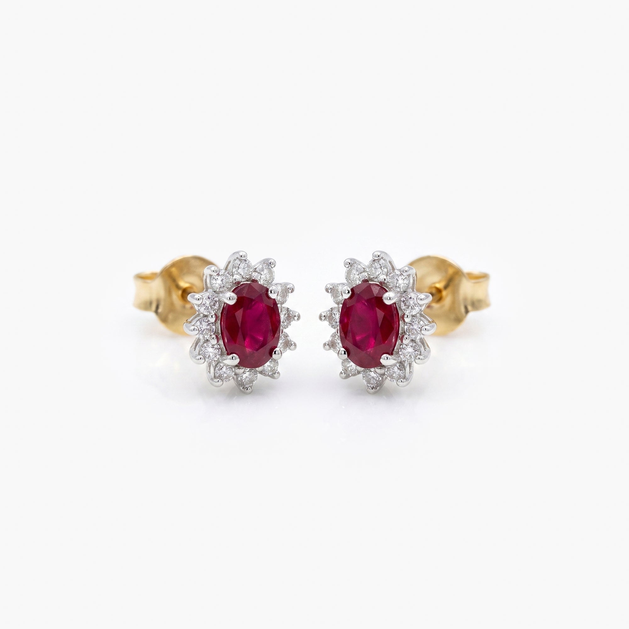 9ct Yellow Gold Ruby & Diamond Oval Cluster Stud Earrings