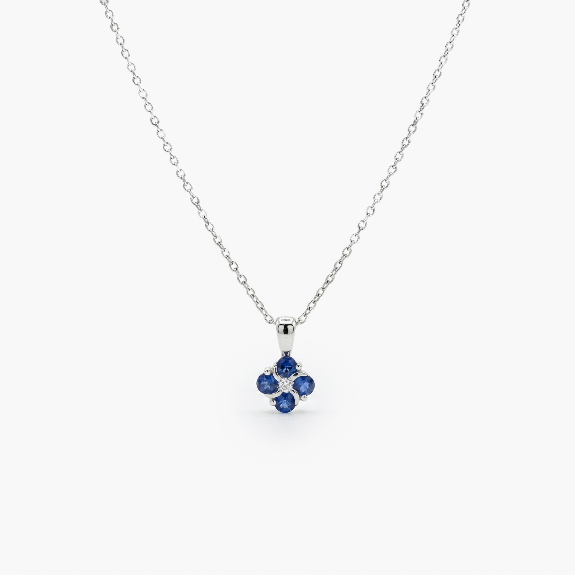 18ct White Gold Sapphire & Diamond Four-Leaf Clover Pendant Necklace