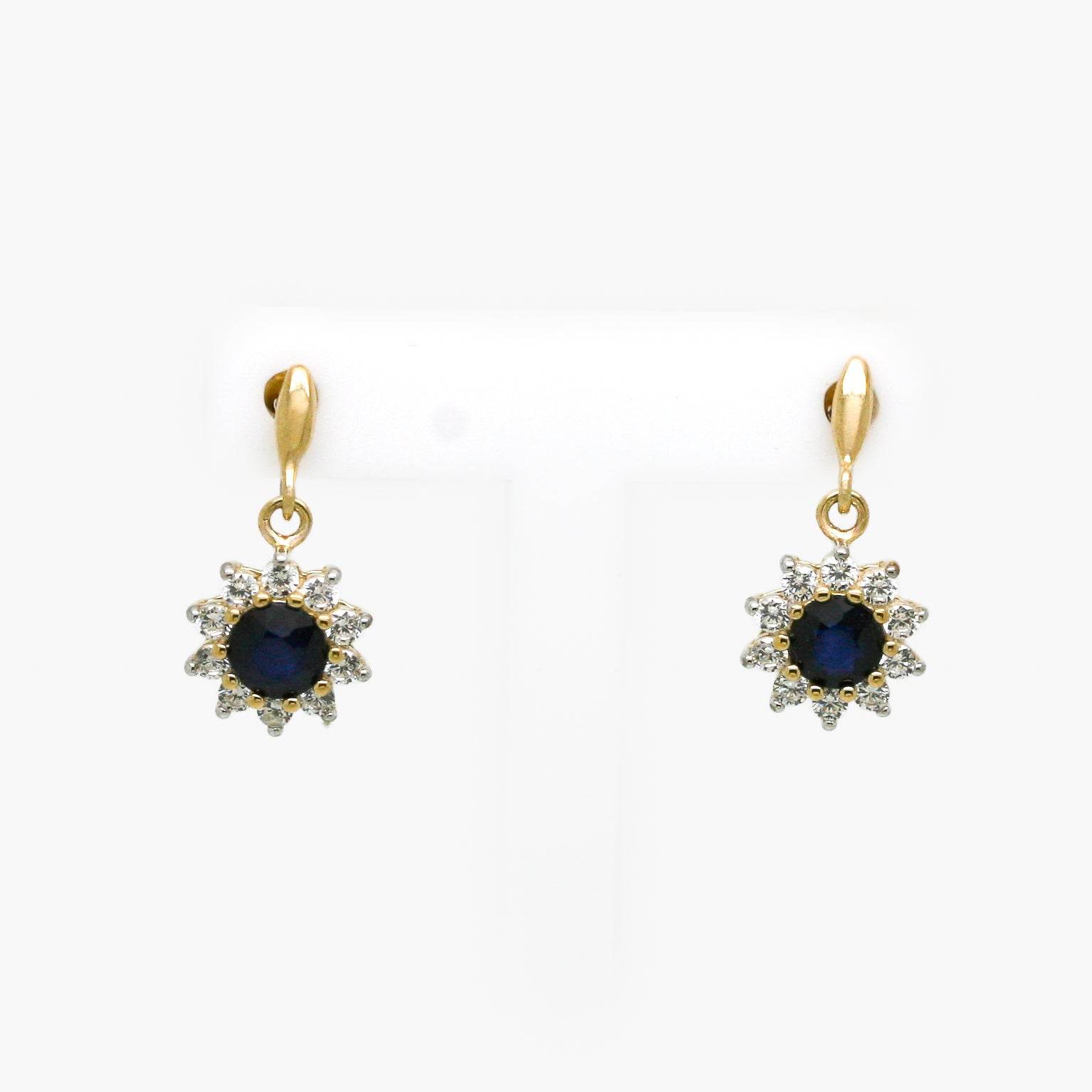 9ct Yellow Gold Sapphire and CZ Cluster Drop Earrings - Jordans Jewellers