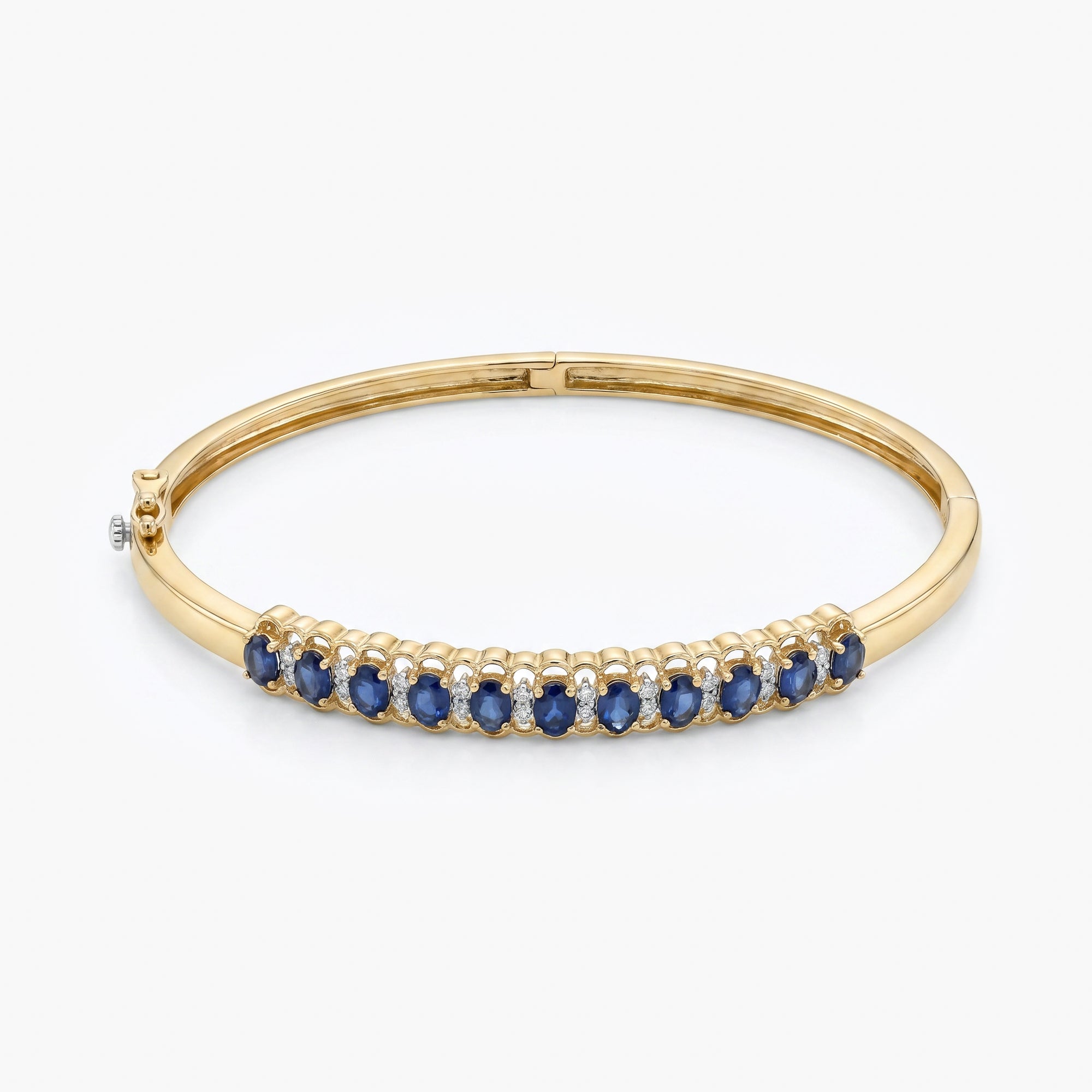 9ct Yellow Gold Sapphire & Diamond Hinged Bangle Bracelet