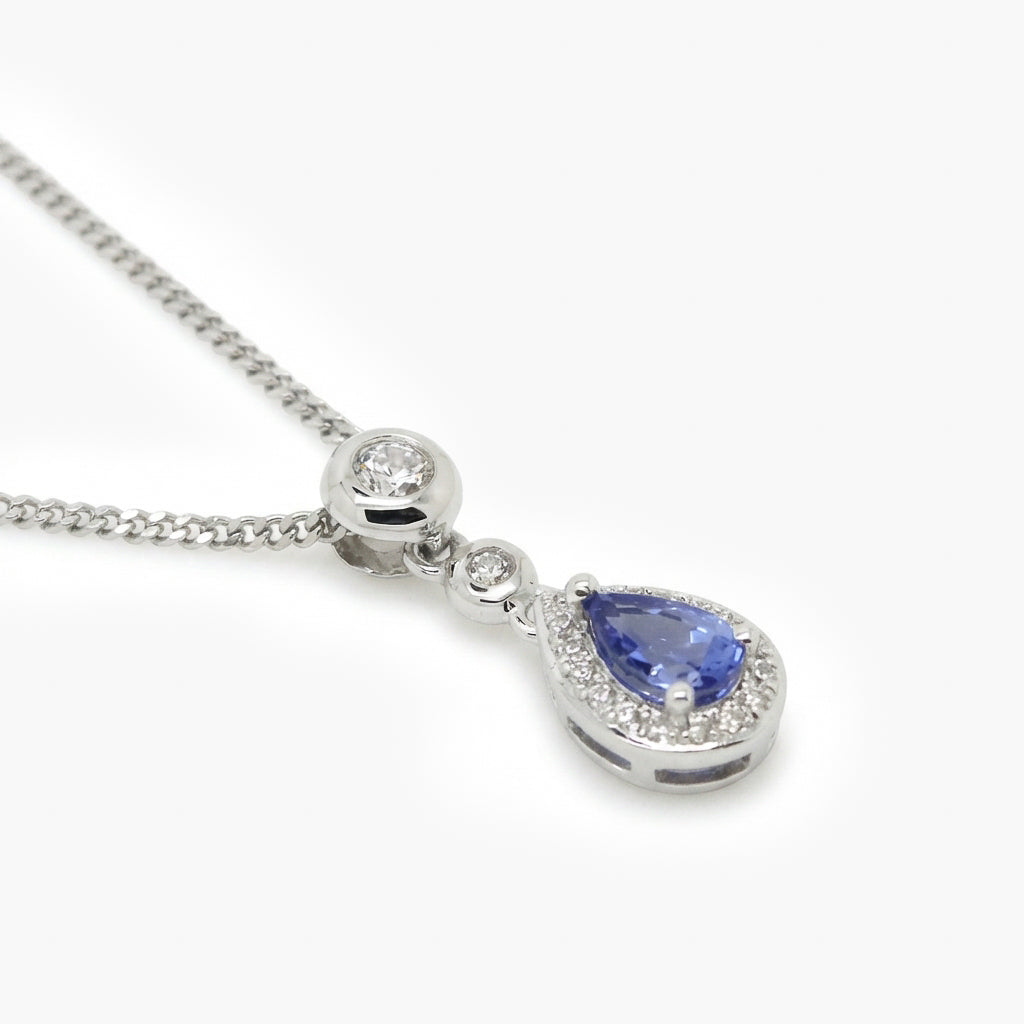Silver Tanzanite and Cubic Zirconia Drop Pendant Necklace