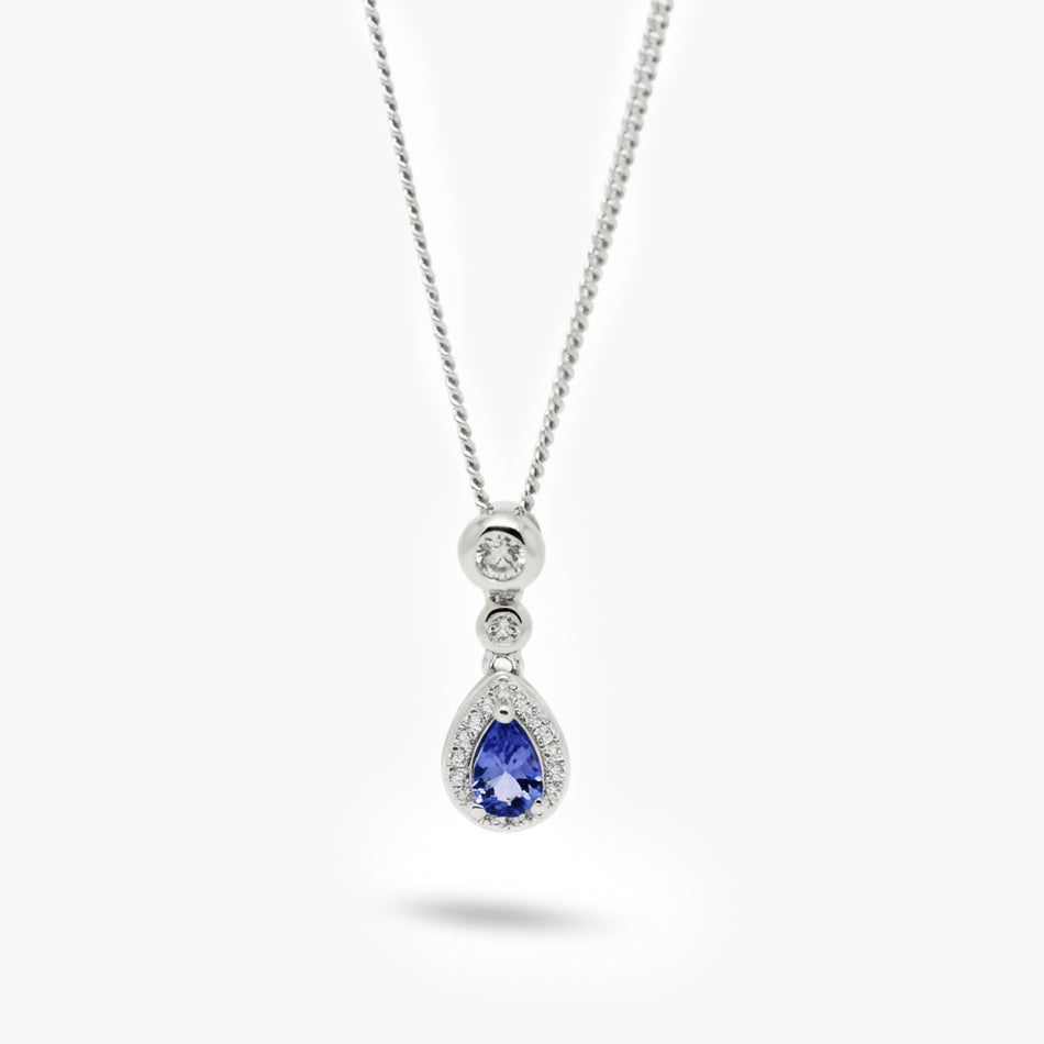Silver Tanzanite and Cubic Zirconia Drop Pendant Necklace