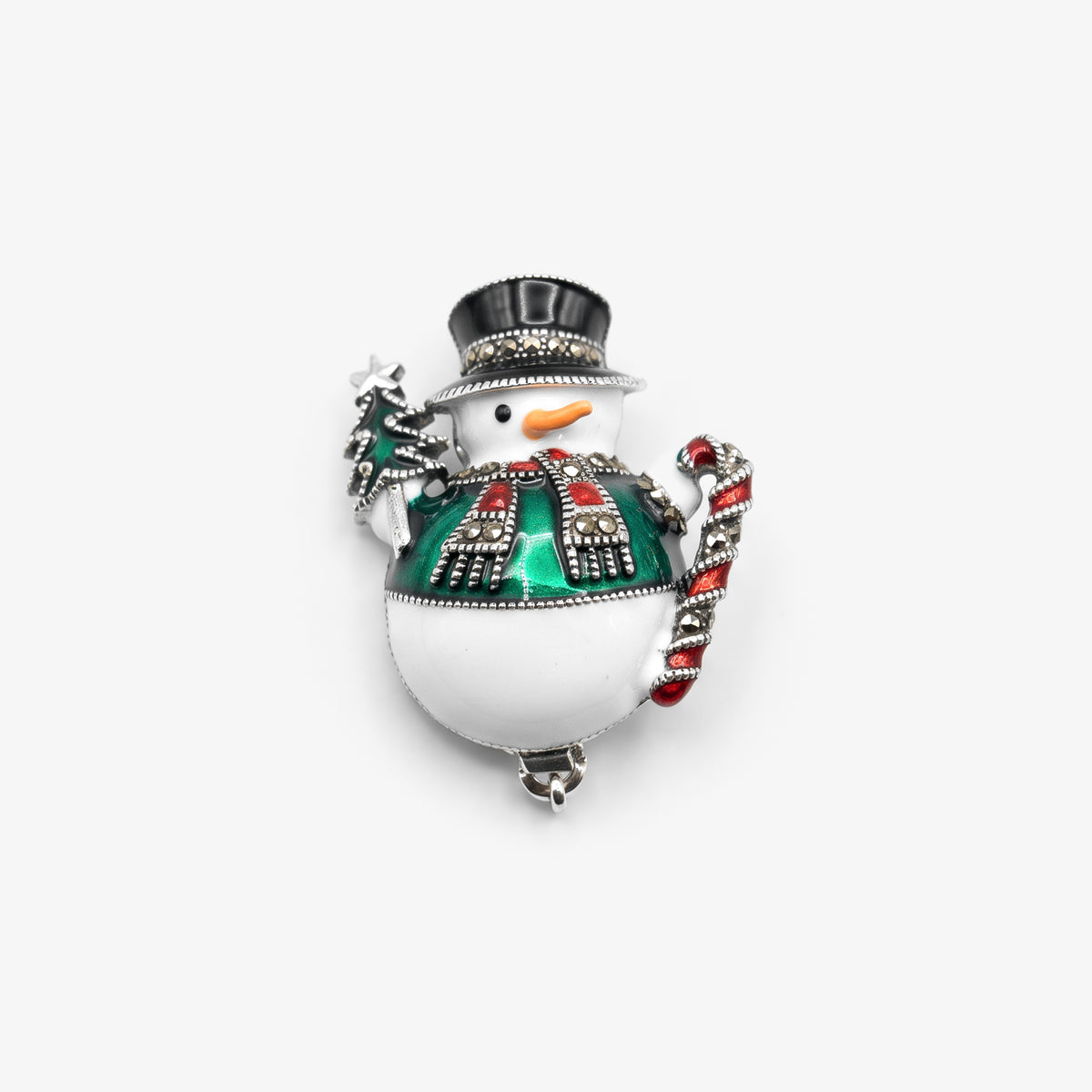 Sterling Silver Enamel & Marcasite Snowman Brooch front view