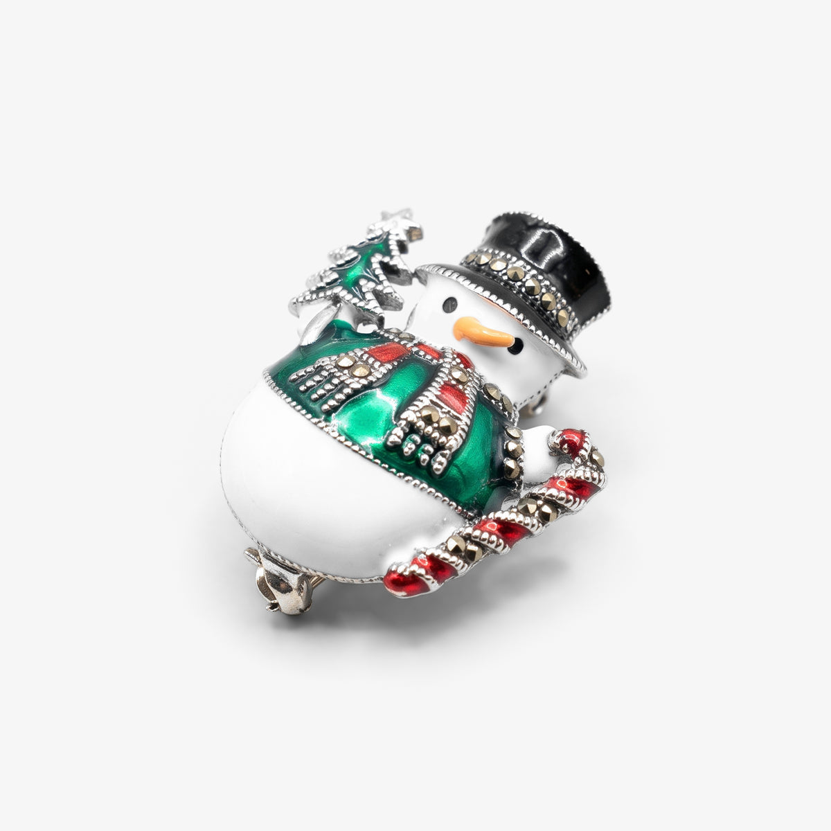 Sterling Silver Enamel & Marcasite Snowman Brooch angle view