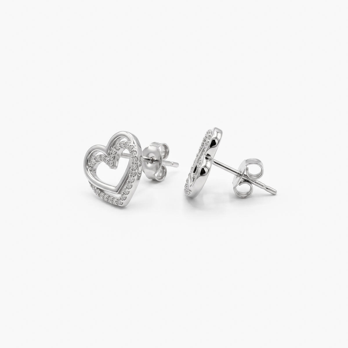9ct White Gold Double Heart Diamond Stud Earrings 0.20ct