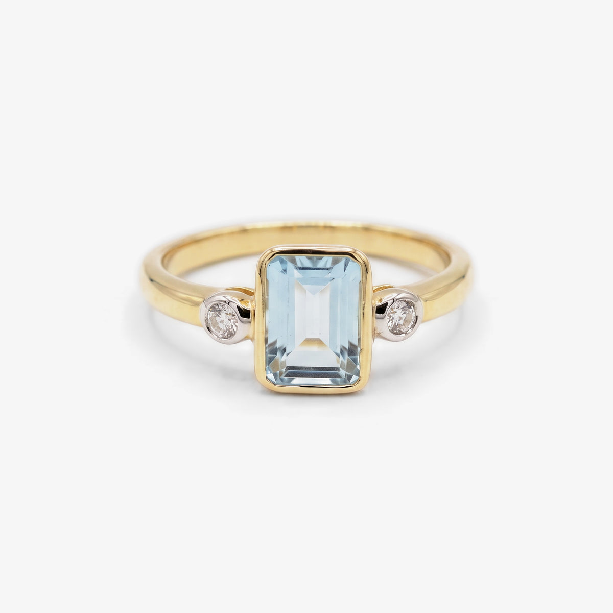 9ct Gold Emerald Cut Blue Topaz & Diamond Ring - Front View