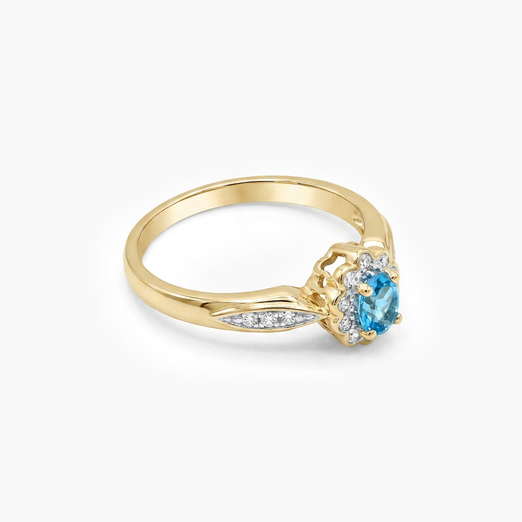 9ct Yellow Gold Blue Topaz & Diamond Halo Cluster Ring