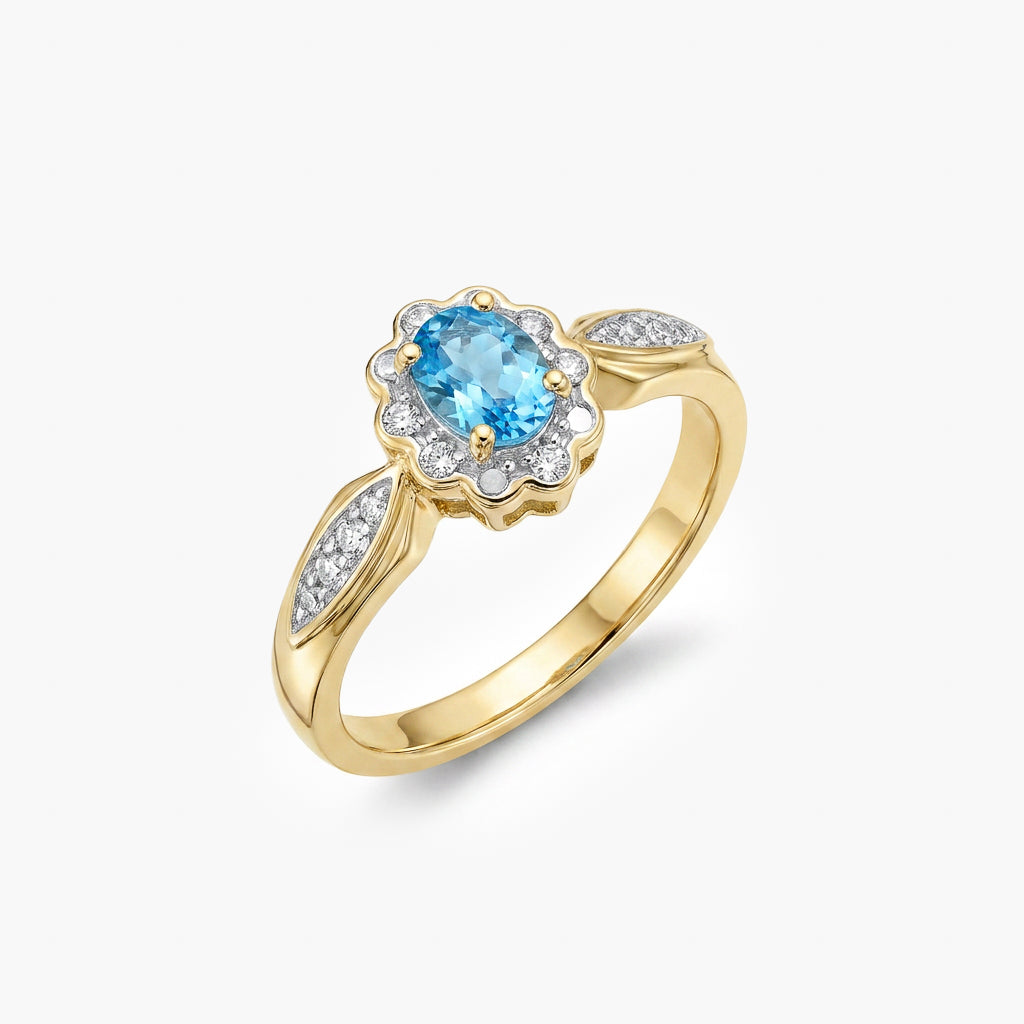9ct Yellow Gold Blue Topaz & Diamond Halo Cluster Ring