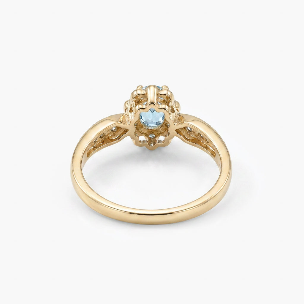 9ct Yellow Gold Blue Topaz & Diamond Halo Cluster Ring