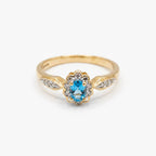 9ct Yellow Gold Blue Topaz & Diamond Halo Cluster Ring