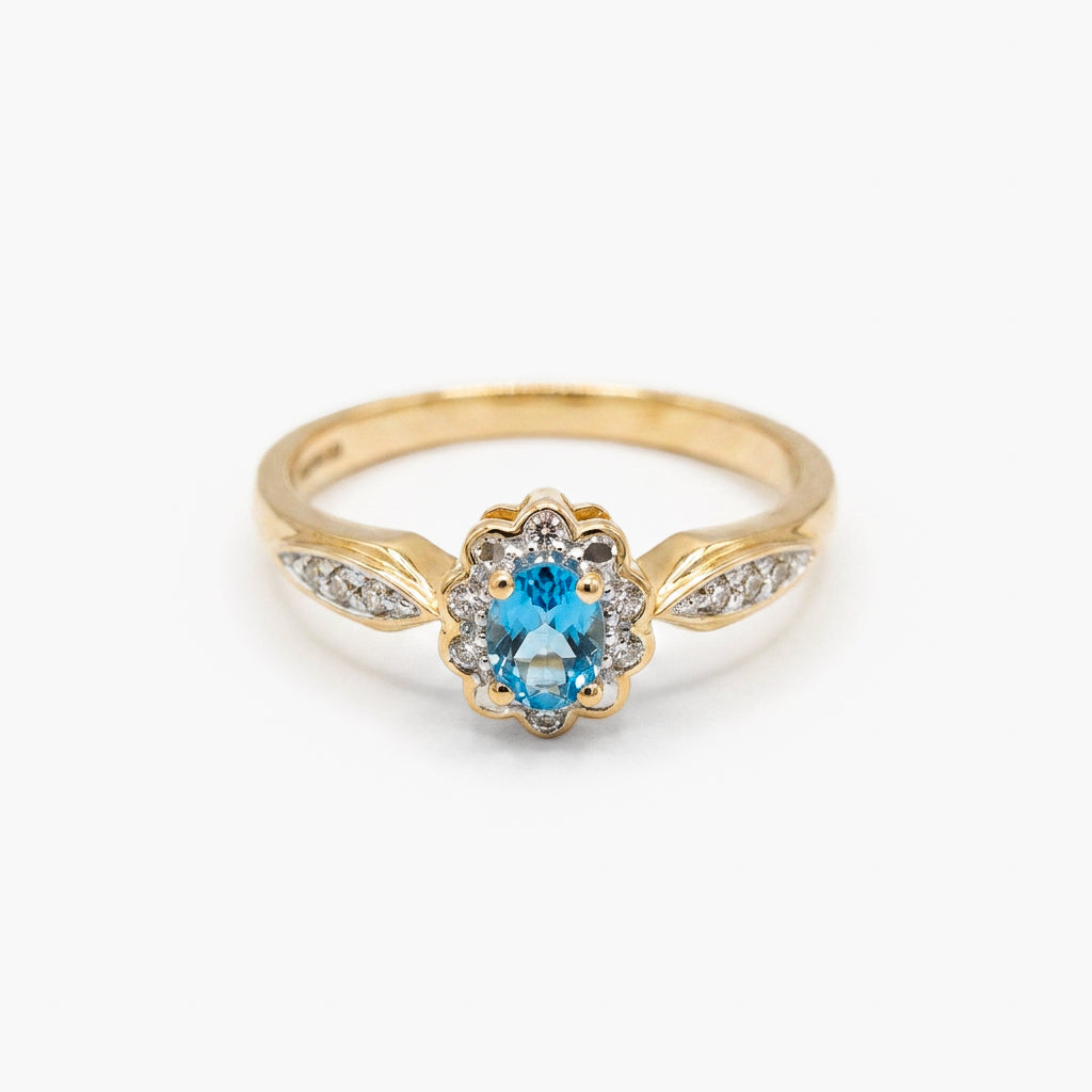 9ct Yellow Gold Blue Topaz & Diamond Halo Cluster Ring