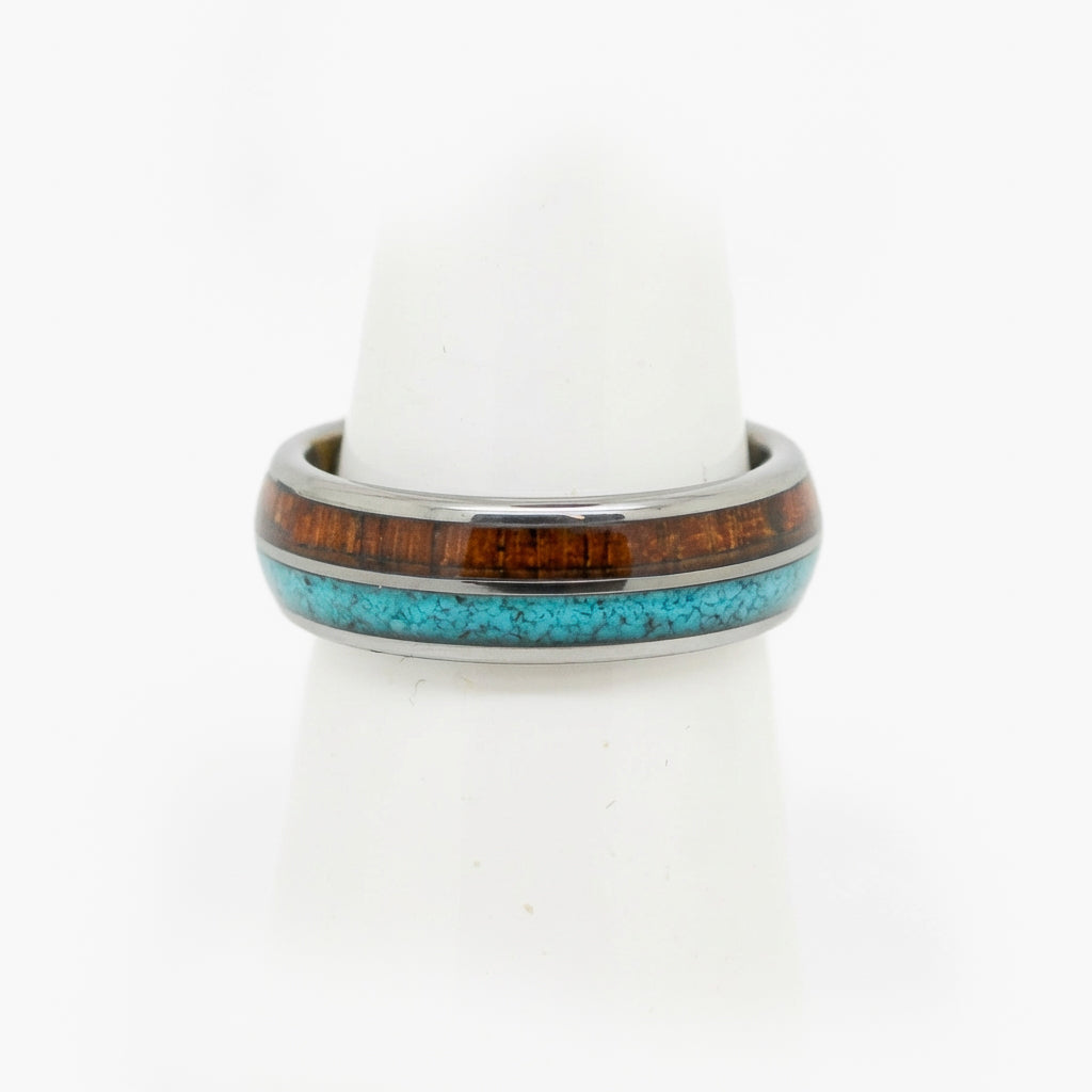 Men's Tungsten Carbide Ring with Wood & Turquoise Inlay
