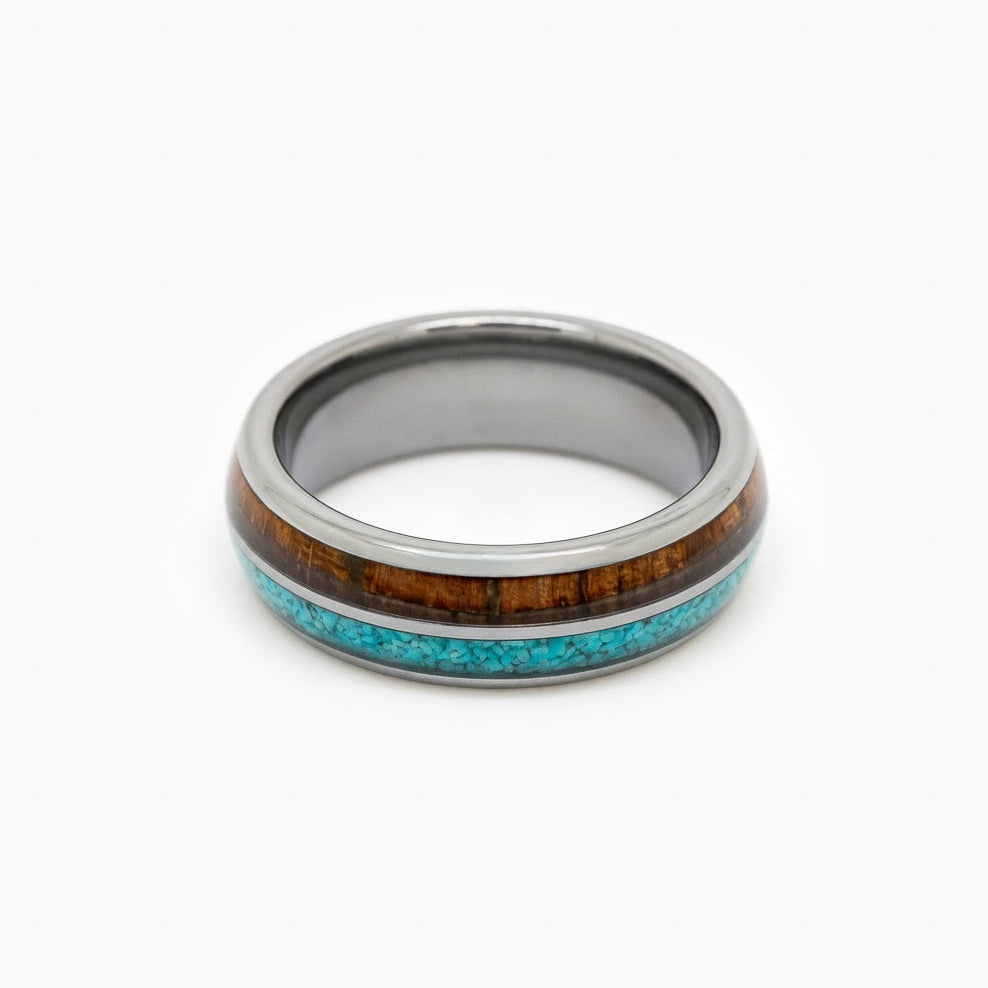 Men's Tungsten Carbide Ring with Wood & Turquoise Inlay