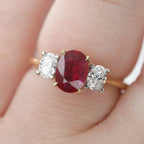 Oval Ruby & Diamond Three Stone Ring 18ct White & Yellow Gold - Jordans Jewellers