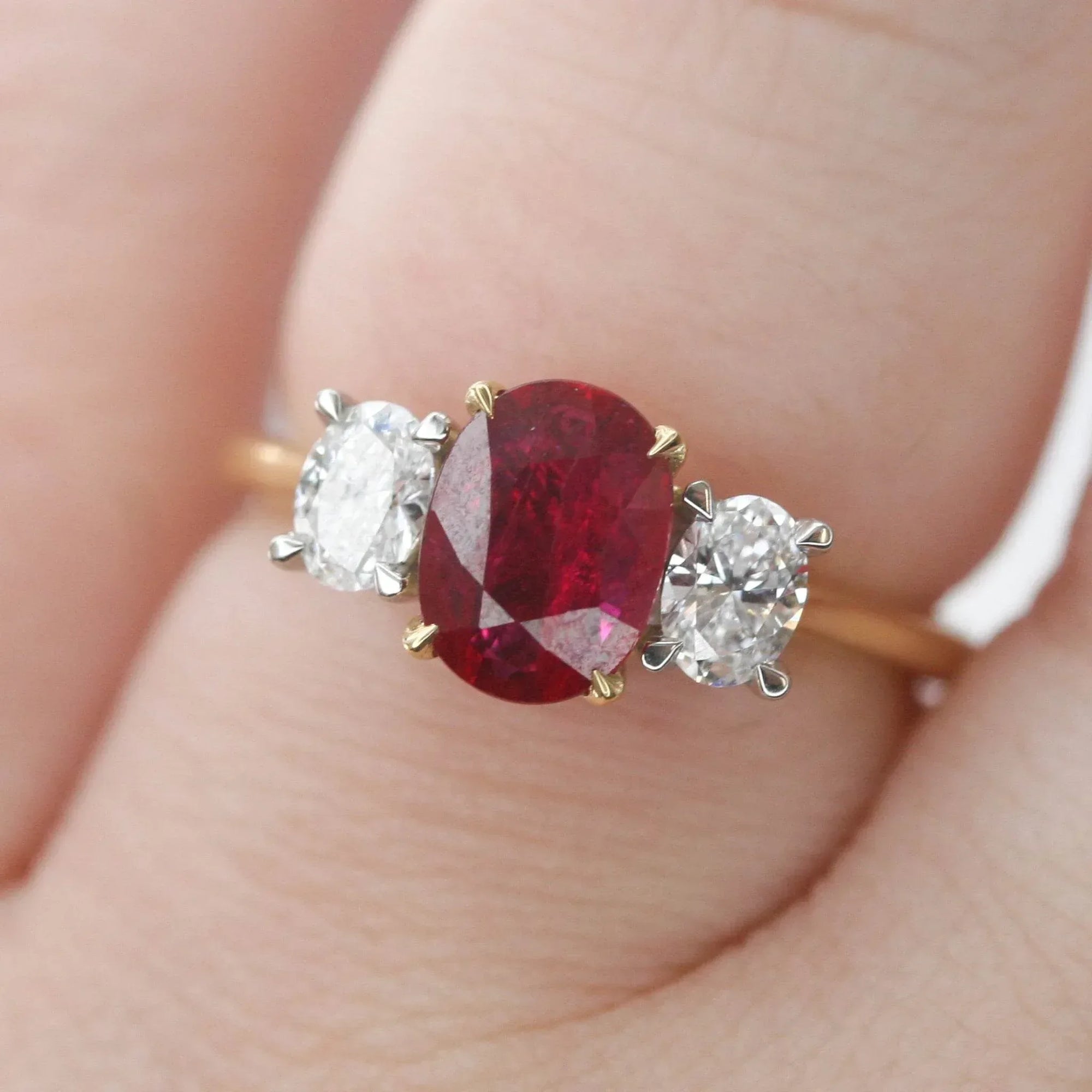 Oval Ruby & Diamond Three Stone Ring 18ct White & Yellow Gold - Jordans Jewellers