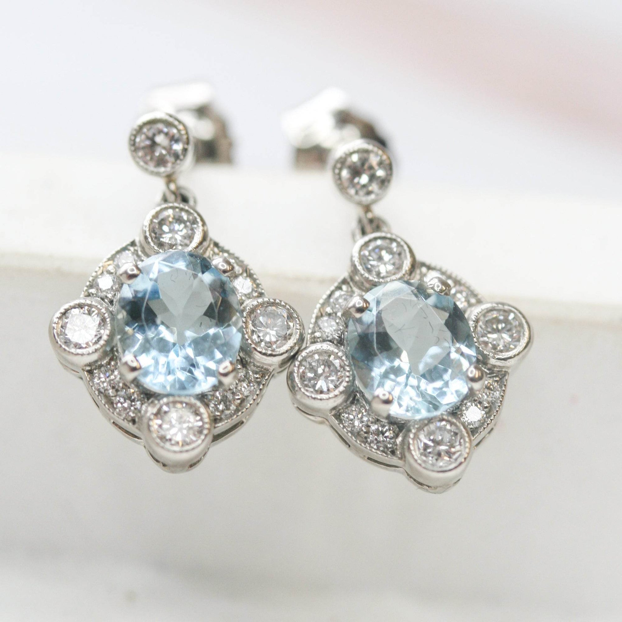 Aquamarine and Diamond Drop Earrings in Platinum - Jordans Jewellers