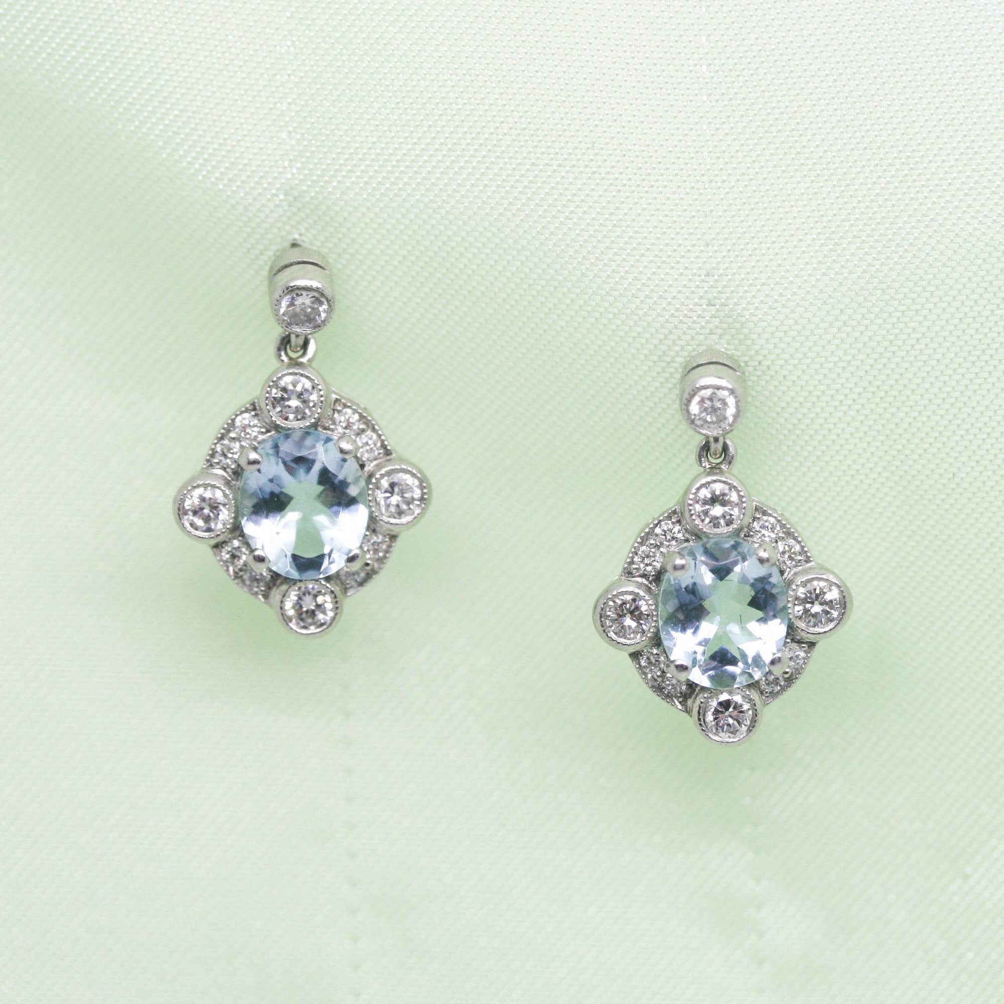 Aquamarine and Diamond Drop Earrings in Platinum - Jordans Jewellers